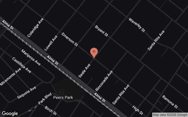 Map of Barker Road between Alma Street and Emerson Street, Palo Alto, CA