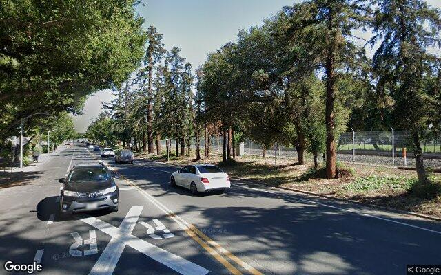 Street view near Alma Street and Palo Alto Avenue train crossing, Palo Alto, CA