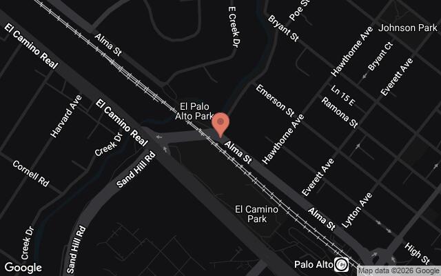 Map of Alma Street and Palo Alto Avenue train crossing, Palo Alto, CA
