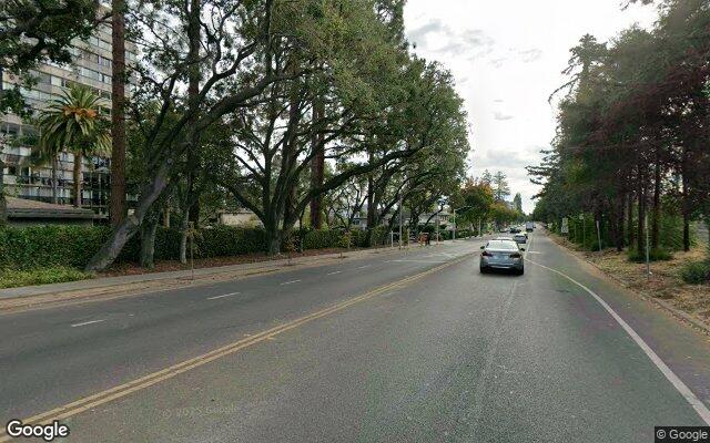 Street view near Alma Street and Palo Alto Avenue train crossing, Palo Alto, CA
