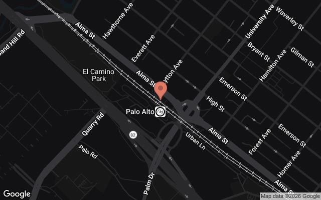 Map of University Avenue Caltrain station area, Palo Alto, CA; California Avenue Caltrain station area, Palo Alto, CA; San Antonio Road Caltrain station area, Palo Alto, CA